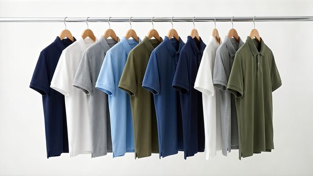 Collection of Mens Polo Shirts in Various Colors Hanging on a Rack.