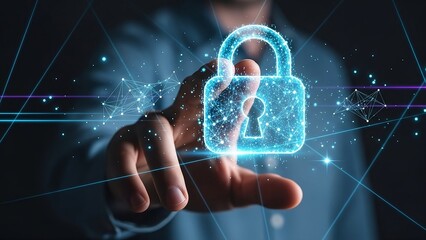 A person interacts with a futuristic lock symbolizing digital security and protection in a modern technological environment from a close-up viewpoint