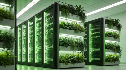 server racks with plants in data center