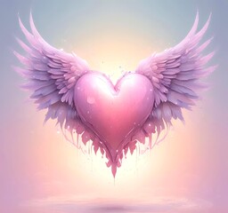 Glowing heart with wings, Valentine fantasy concept, pastel pink tones, clean background