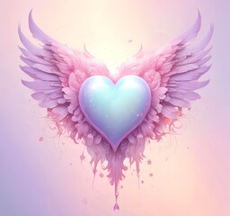 Glowing heart with wings, Valentine fantasy concept, pastel pink tones, clean background