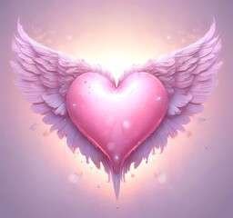 Glowing heart with wings, Valentine fantasy concept, pastel pink tones, clean background