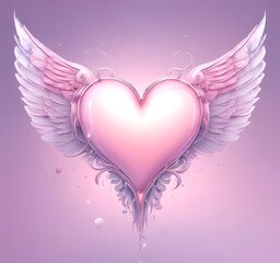 Glowing heart with wings, Valentine fantasy concept, pastel pink tones, clean background