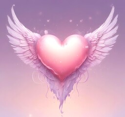Glowing heart with wings, Valentine fantasy concept, pastel pink tones, clean background
