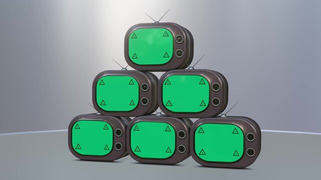 3D animation of stacked retro televisions with green screen displays symbolizing the classic media broadcasting concept of the past
