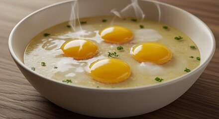 Steaming bowl of egg drop soup with four egg yolks and chopped herbs on a wooden table