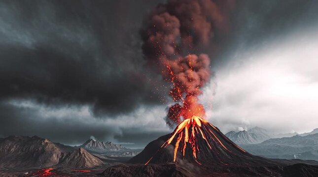 A volcanic eruption: a powerful ejection of lava and thick ash against a stormy sky. An epic natural disaster.