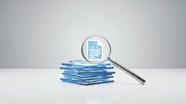 Magnifying glass analyzing a stack of corrupted digital files isolated on a white background, symbolizing a forensic investigation into cybercrime, data breach, and evidence searching