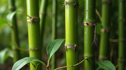 A serene bamboo forest with a winding dirt path and sunlight filtering through