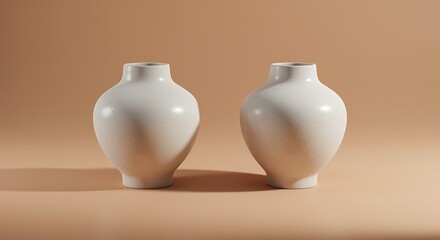 Two white ceramic vases on brown background, simple home decor objects, minimalistic design elements, still life photography