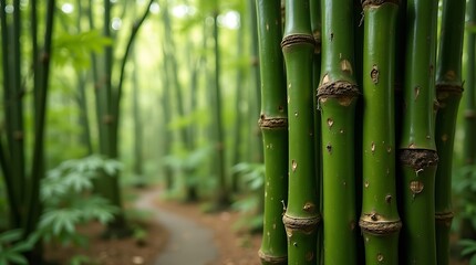 A serene bamboo forest with a winding dirt path and sunlight filtering through