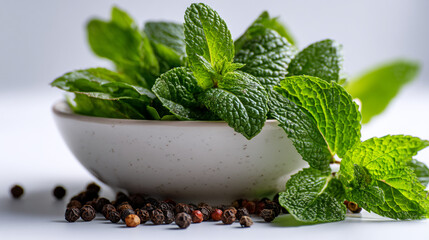 A white bowl filled with fresh mint leaves next to a pile of peppercorns on a white surface