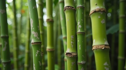 A serene bamboo forest with a winding dirt path and sunlight filtering through