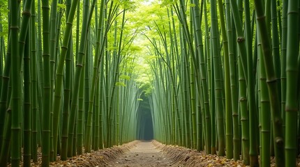 A serene bamboo forest with a winding dirt path and sunlight filtering through