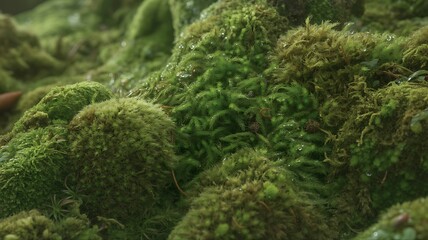 Closeup detailed view of vibrant green moss with tiny water droplets reflecting light