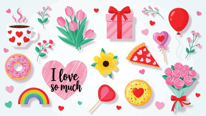 A colorful valentine s day illustration featuring sweets flowers hearts gifts and a joyful loving atmosphere