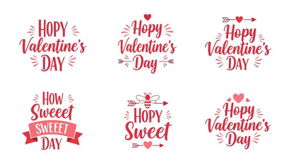 Multiple red valentine s day typographic designs featuring hearts arrows and sweet messages presented in a decorative arrangement
