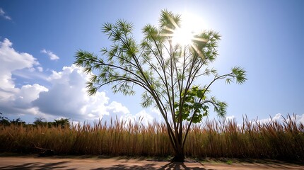 A serene tropical landscape with palm trees and a mountain in the background