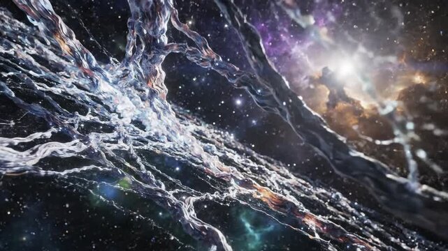Gnarled, twisted tendrils stretch towards a cosmic nebula amidst a backdrop of stars and celestial light