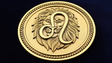 A gold-colored coin with a lion's head design on it, set against a dark background.