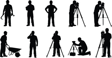 Professional photographer silhouettes with camera tripod equipment, videographer poses isolated on white background, creative media production people icons set collection studio filming 
