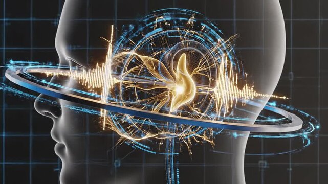 Futuristic animation showing sound waves entering a human ear, processed by the auditory cortex, visualizing the hearing process with hud elements on a dark, gridded background