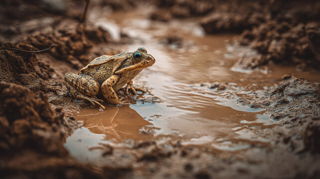 A brown frog sitting on the edge of a muddy puddle in a natural outdoor setting