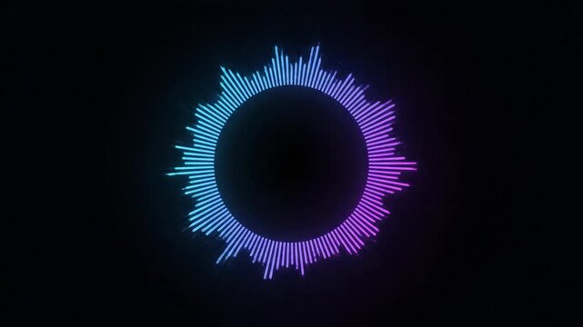 Gradient neon bars radiate in circle against a black backdrop, fading from blue to violet in an equalizer fashion