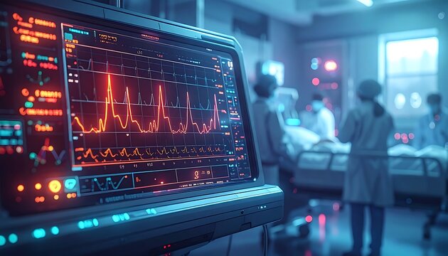 A medical monitoring device displays vital signs in a hospital room, with a patient and healthcare providers in the background