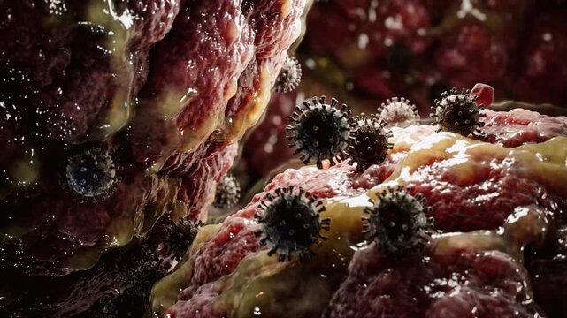 3D animation of virus particles infecting biological cells. Microscopic view of pathogens attacking tissue with slime and texture. Medical science concept of disease and virology