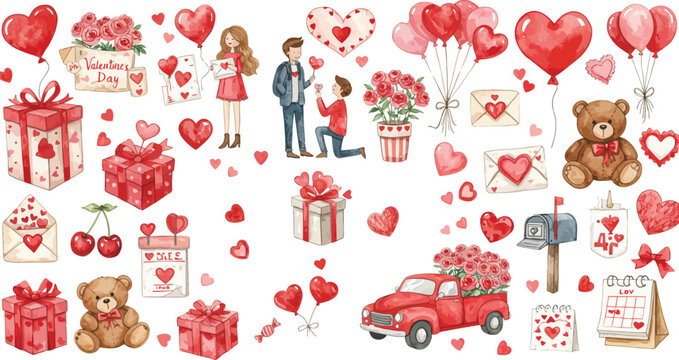 Valentine s day themed illustrations with hearts gifts and teddy bears on white background
