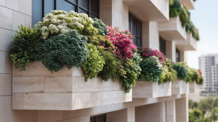 Modern apartment building with lush balcony flower planters in full bloom, showcasing vibrant greenery and colorful blossoms against a clean architectural backdrop.