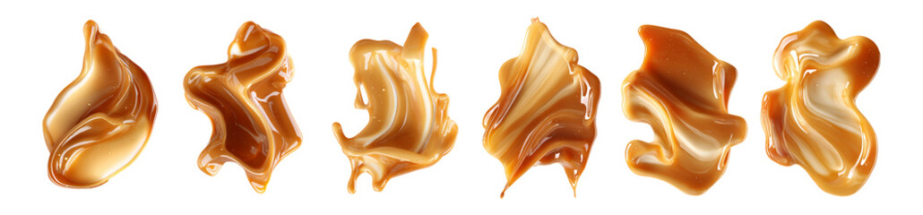 Set of caramel splash and smudges isolated on transparent background.
