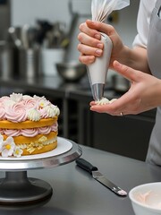 Artistic cake decoration with culinary skill and piping tool precision