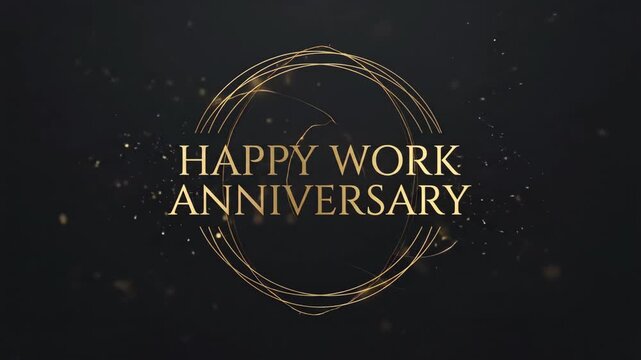 Elegant Golden "Happy Work Anniversary" Text with Swirling Lines and Sparkles on a Dark Background, Luxurious Golden "Happy Work Anniversary" Greeting with Abstract Swirls and Bokeh Effects