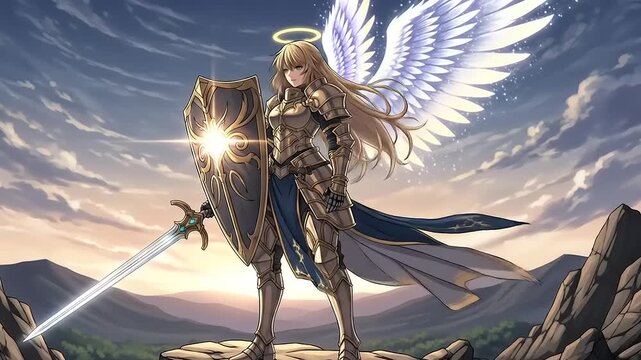 Angel warrior stands on cliff with sword and shield at sunset