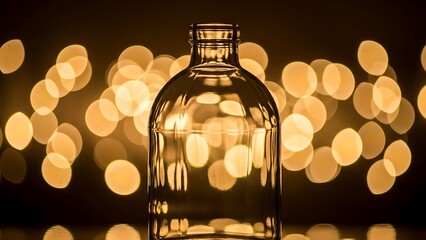 Artistic display of a transparent bottle with bokeh lights backdrop