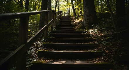 Ascending wooden stairs into a tranquil forest, bathed in golden light
