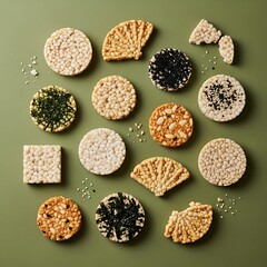 Assorted crunchy rice cakes selection on a green surface, studio shot