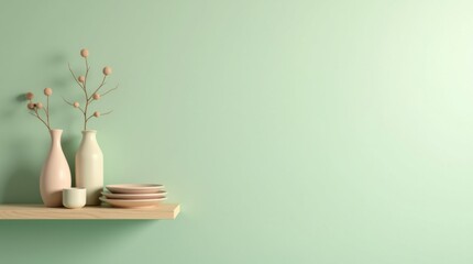 Obraz premium Estantería minimalista con un número limitado de cerámicas de colores neutros y pared de color verde suave