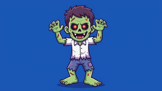 Adorable cartoon zombie character with glowing red eyes and torn clothes, standing against a solid blue background, perfect for Halloween and spooky themes, a playful and charming monster illustration