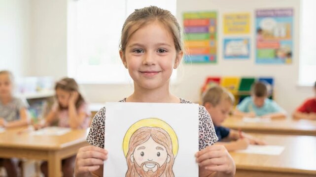 Smiling young girl holding a colored drawing of Jesus Christ in a bright classroom. Child showing artwork during a Sunday school lesson. Religious education and faith concept