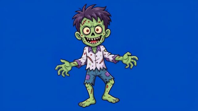 Cartoon zombie character with stitches and torn clothes standing on a blue background, Spooky Halloween cartoon illustration of a green zombie with a scary grin and purple hair.