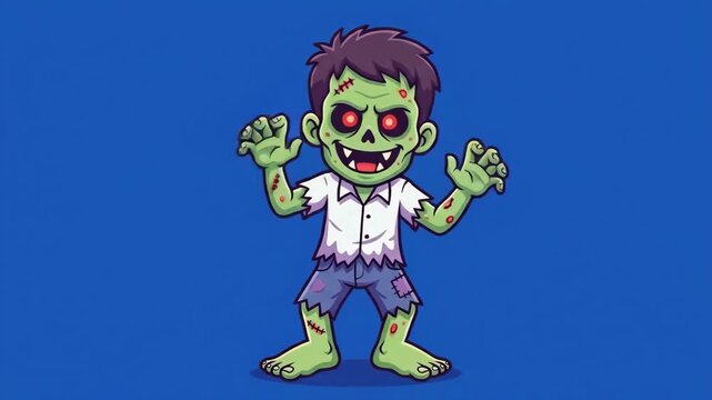 Cartoon zombie boy with green skin and red eyes, standing with arms outstretched, a spooky illustration for Halloween themes, and a funny, creepy animated character ready for trick-or-treat adventures