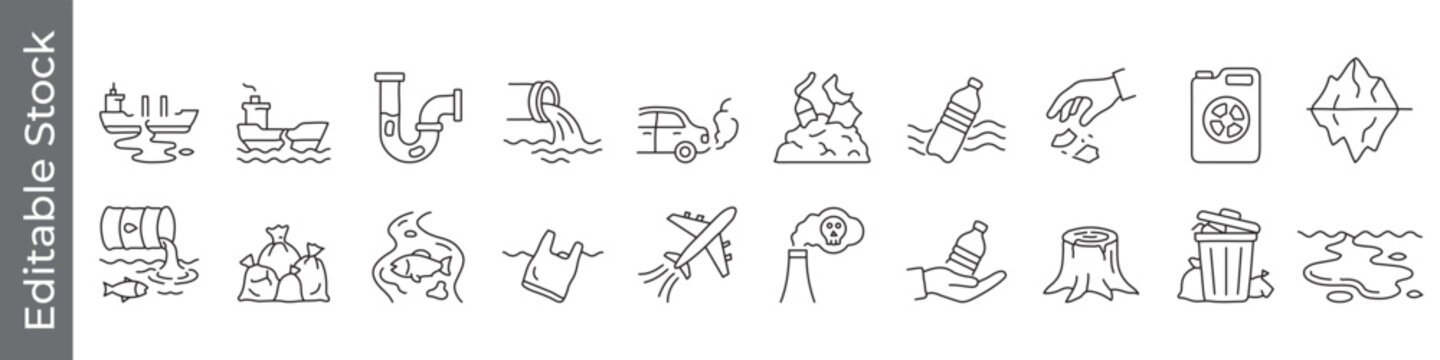Air emissions, water pollution and ocean waste icon set &ndash; editable outline symbols of oil spill, plastic, garbage, pipe, bottle, plastic trash and toxic waste