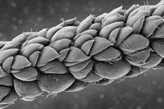 Twisted fiber microscopic texture scanning electron microscope forensic analysis detailed surface scientific research synthetic material closeup black and white high magnification