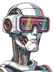 A futuristic cyborg head with colorful virtual reality glasses illustration isolated on transparent background