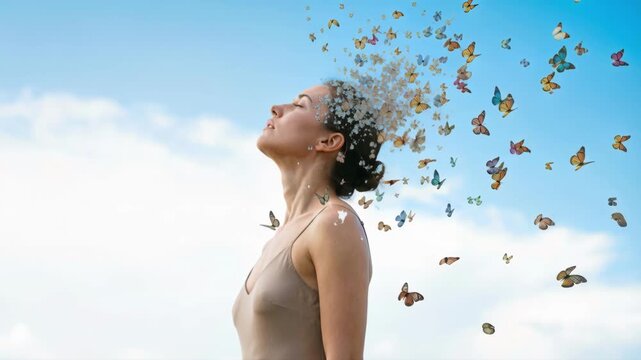 Surreal profile of a woman with her head dissolving into colorful butterflies flying away. Artistic dispersion effect representing freedom, mental health, and imagination against a blue sky