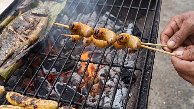 Man grilling exotic palm weevil larvae, bananas, and fish on a charcoal barbecue grill for a unique culinary experience