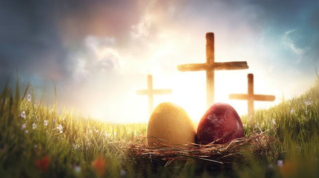 Easter Eggs in a Nest With Crosses in Background
